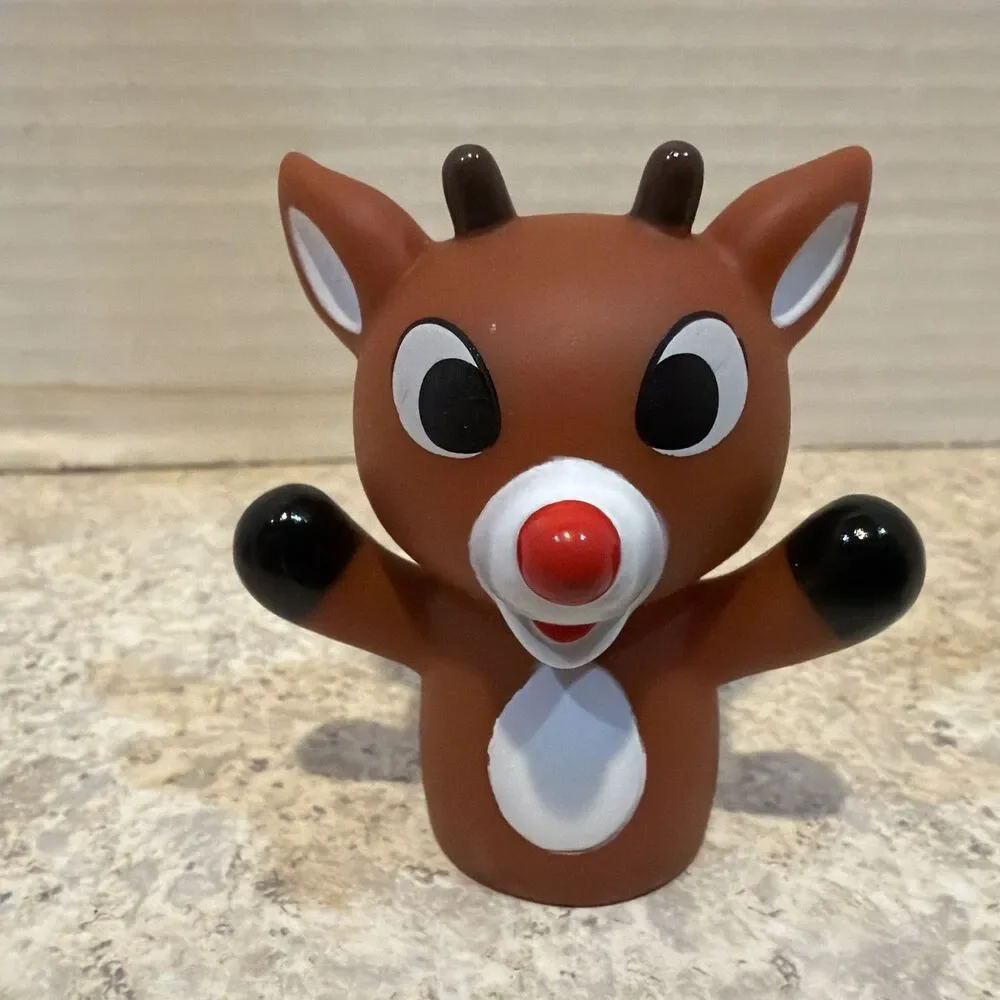 Rudolph the Red Nosed Reindeer 4 Ct Rubber Finger Puppet Bath Toy Set Santa 2”